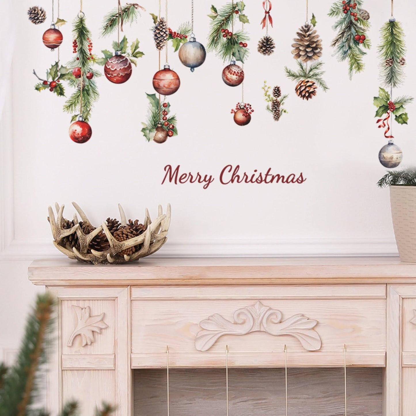 Merry Christmas Wall Decals Pine Cone Snowflake Wall Stickers Christmas Winter Home Wall Art Decor for Kids Room Classroom Office Bedroom Living Room Kitchen Playroom Decor