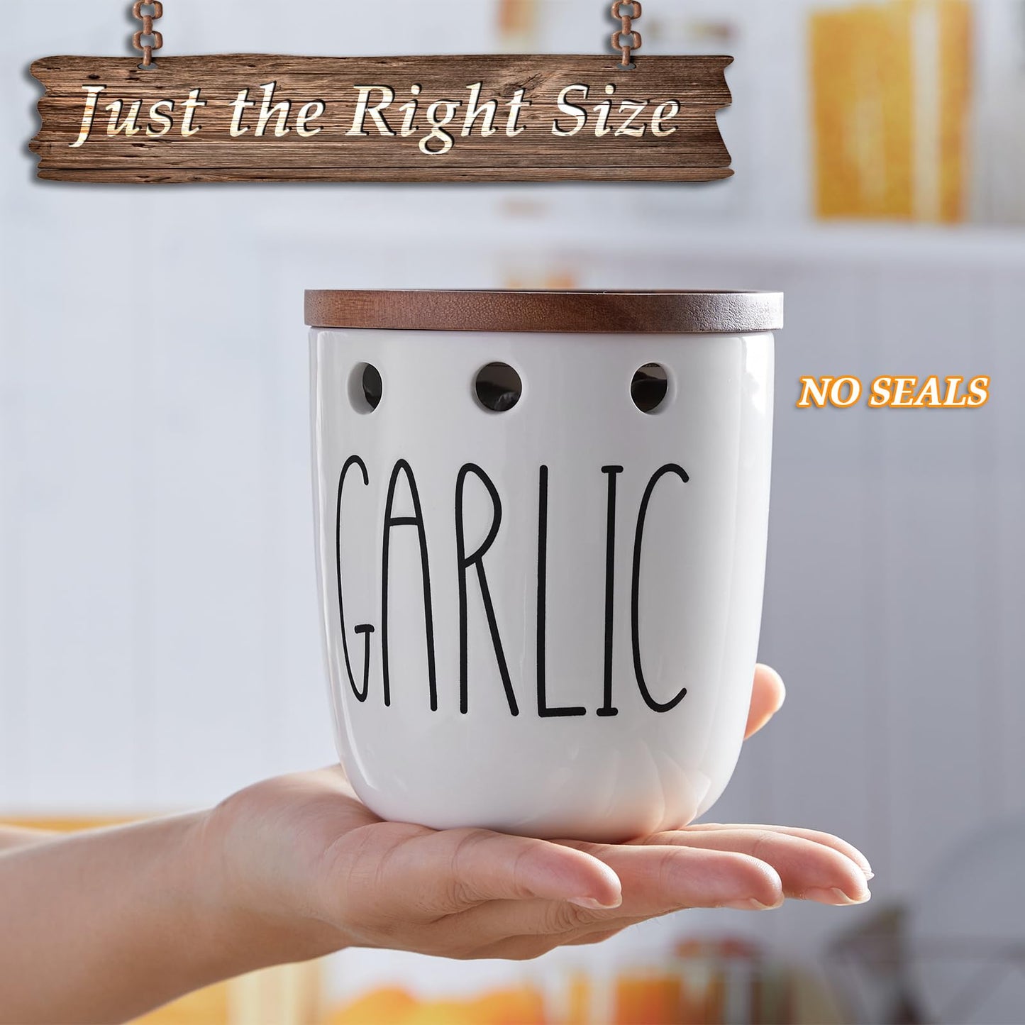DAYYET Garlic Keeper for Counter, Ceramic Garlic Keeper with Non-Sealed Acacia Wood Lid, Garlic Holder Storage Container to Keep Your Garlic Cloves Fresh Longer, Garlic Saver for Kitchen, White