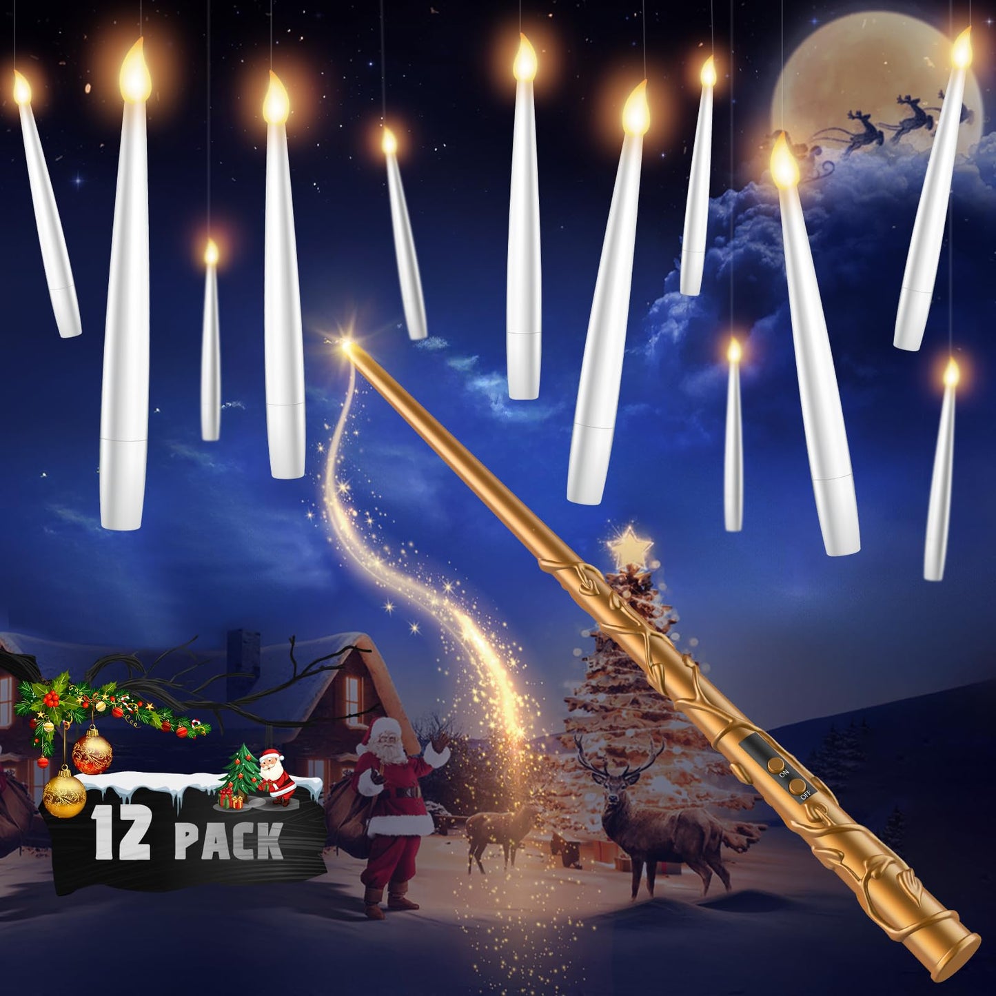 Floating Candles with Wand - 12 Pack Christmas Decorations Magic Flameless Candles Flickering Warm Light LED Hanging Candle Remote, Battery Operated Candles for Christmas Outdoor Indoor Party Decor