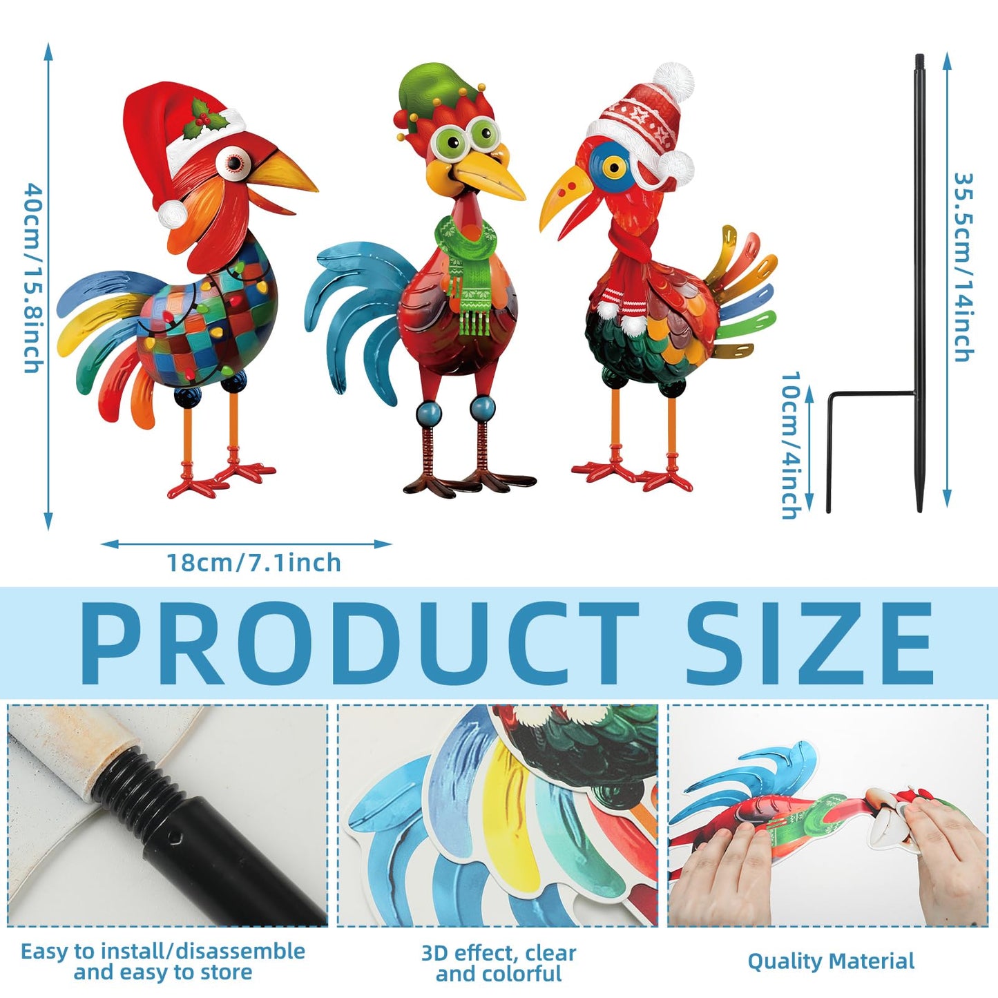 3 Pcs Christmas Chicken Outdoor Decorations Metal Christmas Glossy Rooster Chicken Yard Stakes Rooster Animal Garden Stakes Yard Art for Ground Yard Lawn Porch Sidewalk Xmas Holiday Decorations