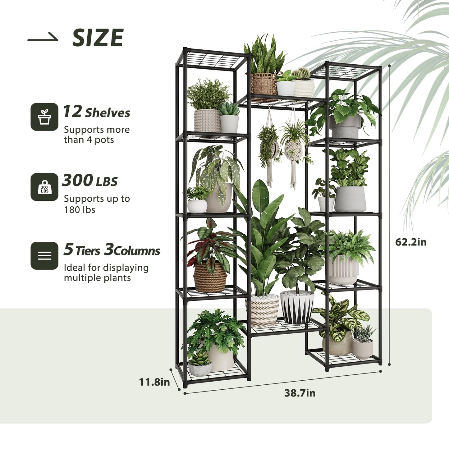 GENTINGBRO Metal Plant Stand Outdoor 62.2" Tall Plant Shelf for Plants 12 Pots Large Plant Sheves for Indoor Plants Living Room Heavy Duty Rack Garden Balcony Patio Hanging Planter