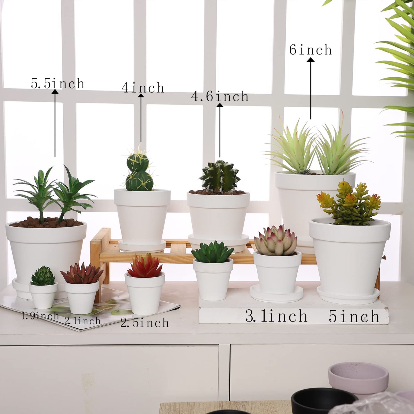 Yishang Terra Cotta Pots with Saucer/Ceramic Tray, 6-Pack Large Terracotta Pots 4.6'' Clay Ceramic Planters for Succulent, Cactus, Flower Plants, Crafts (White)