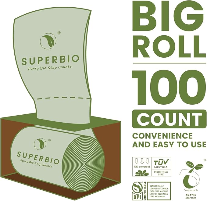 SUPERBIO 13 Gallon Compostable Kitchen Waste Bags, 1 Pack, Flat top Food Scrap
