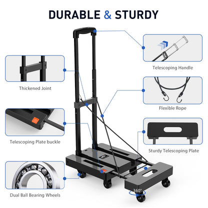 SPACEKEEPER Folding Hand Truck, 500 LB Heavy Duty Luggage Cart, Utility Dolly Platform Cart with 6 Wheels & 2 Elastic Ropes for Luggage, Travel, Moving, Shopping, Office Use, Black