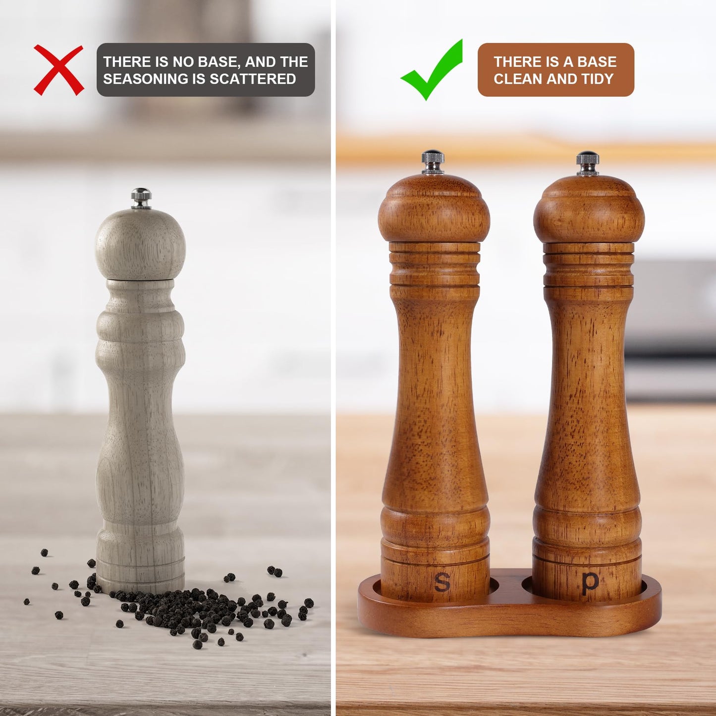 DEBETOOL Wooden Salt and Pepper Grinder Set with Stand - 8-inch Oak Wood Salt Mill Pepper Grinder Set, Adjustable Ceramic Core, 2 Pepper Mills + Wooden Spoon & Cleaning Brush (Kitchen Essential)