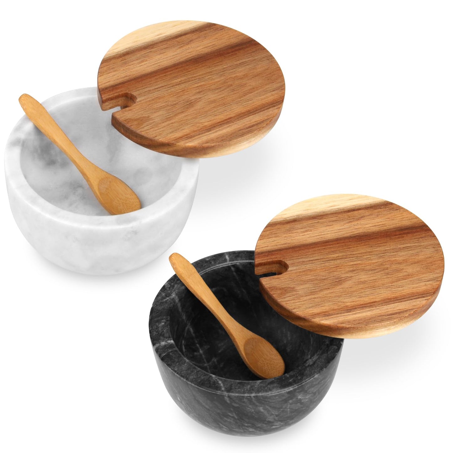 HESHIBI Salt Cellar Box with Lid & Spoon, Modern White Stone Salt or Pepper Sugar Spice Seasoning Bowl Container Jar Holder Well Keeper Dish Pig Crock for Kitchen (Marble Bowl Set)