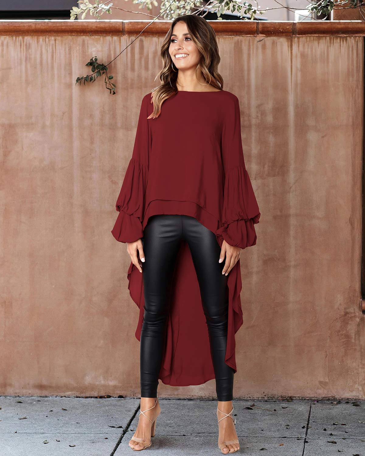 PRETTYGARDEN Women's Lantern Long Sleeve Round Neck High Low Asymmetrical Irregular Hem Casual Tops Blouse Shirt Dress (Wine Red,Large)