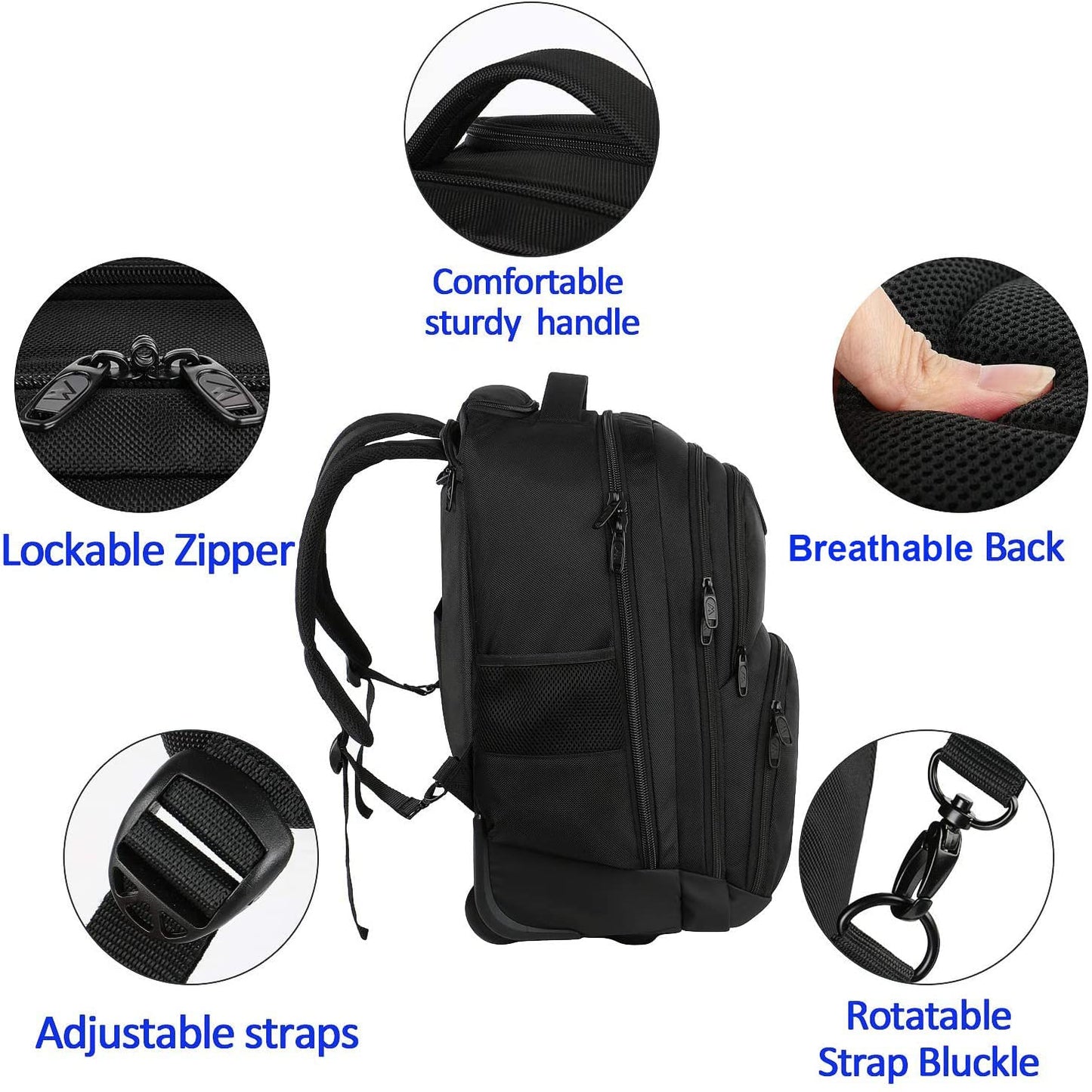MATEIN Travel Backpack with Wheels, Rucksack with Wheels Cabin Size Wheeled Backpack 17inch Laptop Trolley Business Cabin Bag Carry On Suitcase Hand Luggage School Backpack for Women, Men, Uni, Black
