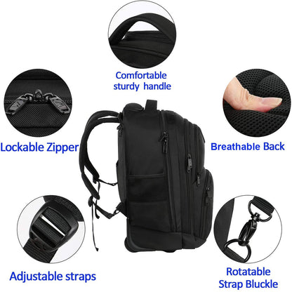 MATEIN Travel Backpack with Wheels, Rucksack with Wheels Cabin Size Wheeled Backpack 17inch Laptop Trolley Business Cabin Bag Carry On Suitcase Hand Luggage School Backpack for Women, Men, Uni, Black