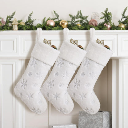 CARAKNOTS White Christmas Stockings 3 Pack 21 inches Large Neutral Luxury Christmas Stockings for Family Kids Faux Fur Xmas Silver Farmhouse Fireplace Hanging Decorations
