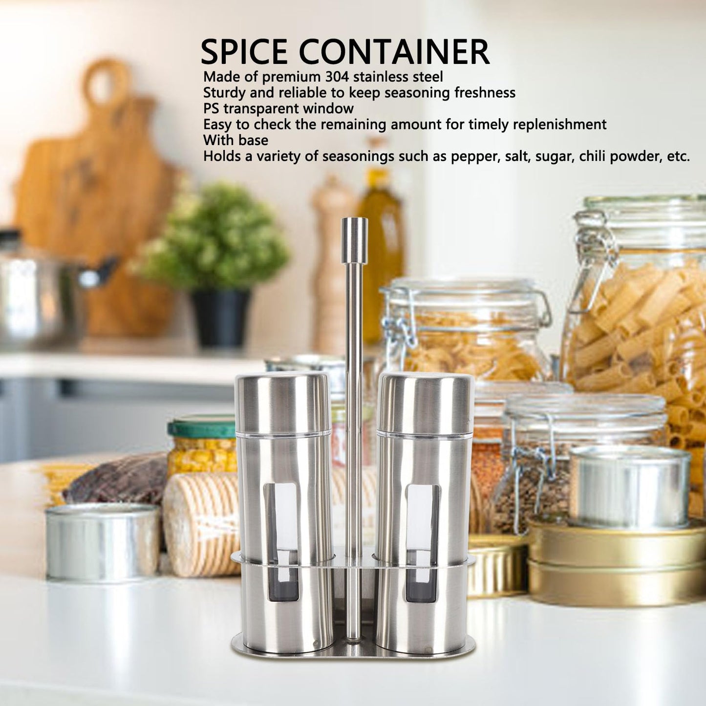Salt and Pepper Shakers Set, Stainless Steel Seasoning Bottle with Holder, Refillable Salt Pepper Dispenser Spice Containers for Home Kitchen Countertop, BBQ, Bar, RV, Camp (L)