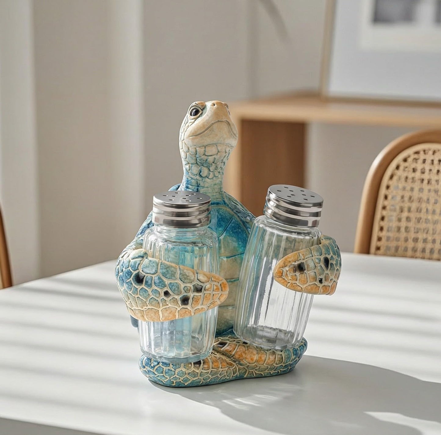 Decorative Blue Sea Turtle Salt and Pepper Shaker Holder, Coastal Kitchen Decor (Blueturtle)