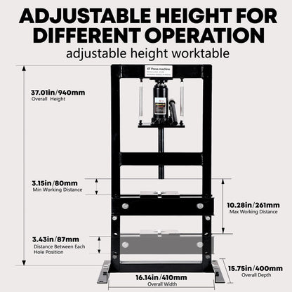 Heavy Duty Hydraulic H-Frame Shop Press – 6 Ton Manual Press, Adjustable Worktable, Stamping Plates, Industrial Steel Construction – for Auto Repair, Garage, Metalworking – Black, 6T