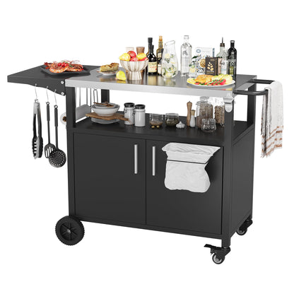 Vongrasig Outdoor Grill Cart, Patio Kitchen Island with Storage, Outdoor Bar Table BBQ Cart Pizza Oven Table with Foldable Stainless Steel Top & Wheels, Black