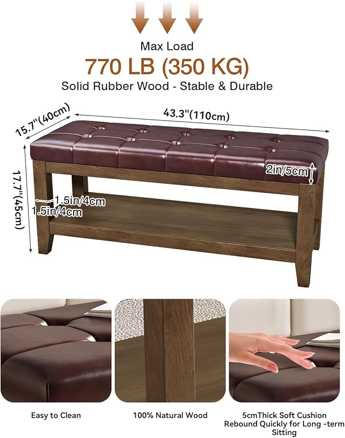 ABHENG Solid Rubber Wood Shoe Bench, Easy-Clean PU Upholstered Seat, 770LB Load