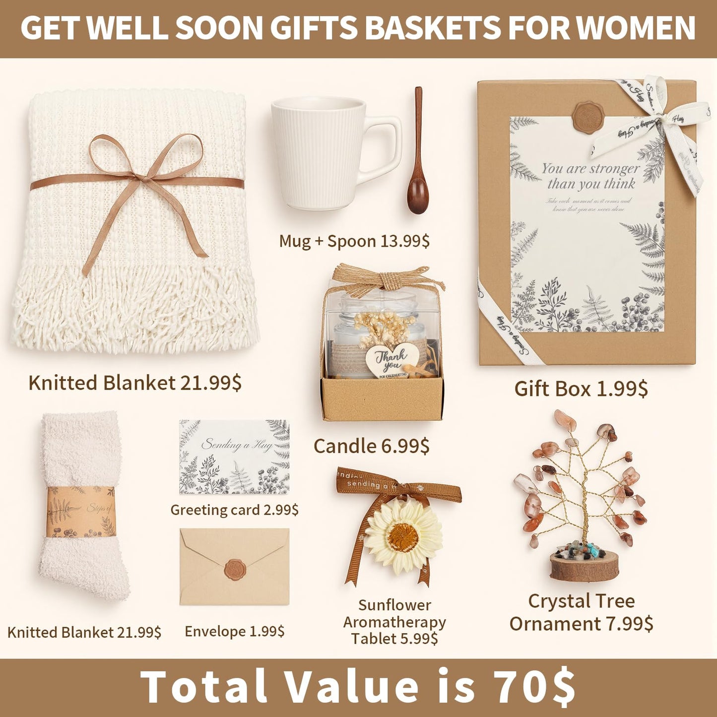 Get Well Soon Gifts Baskets for Women, Thinking of You Gift Comfort Gifts with Healing Crystals Tree, Sympathy Gift Feel Better After Surgery Recovery Wellness Hug in a Box for Her Mom Friends, Beige