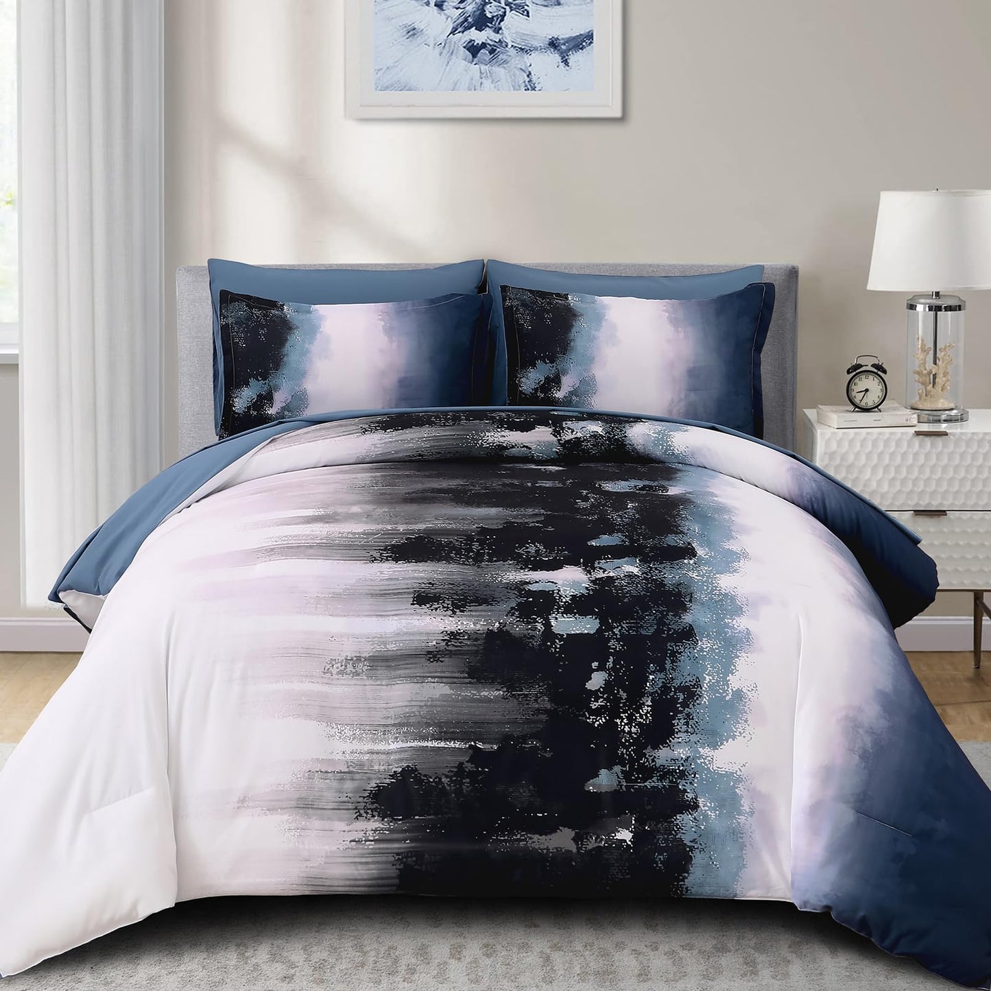 Dinjoy Ombre Blue Comforter Set Queen Size Gradient Navy Blue Black Boho Bedding Set for Teen Men Women 7 Pieces Bed in A Bag Bohemian Bed Set with Comforter, Sheets, Pillowcases & Shams