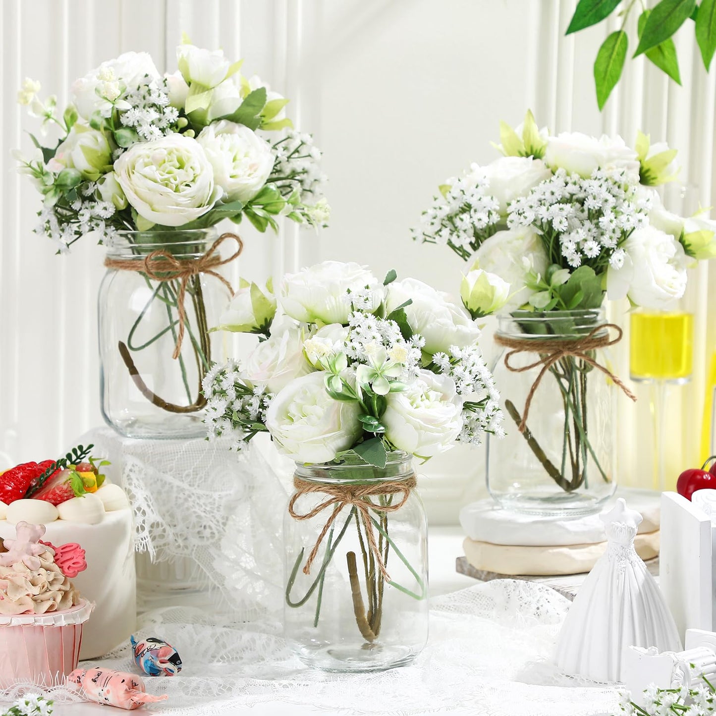 Zeyune 12 Sets Mason Jar Centerpiece Table Decorations, Artificial Peony Baby's Breath Flower Bouquets, Faux Flowers with Vase, Rustic Decor Gifts for Home, Wedding, Holiday (Green)