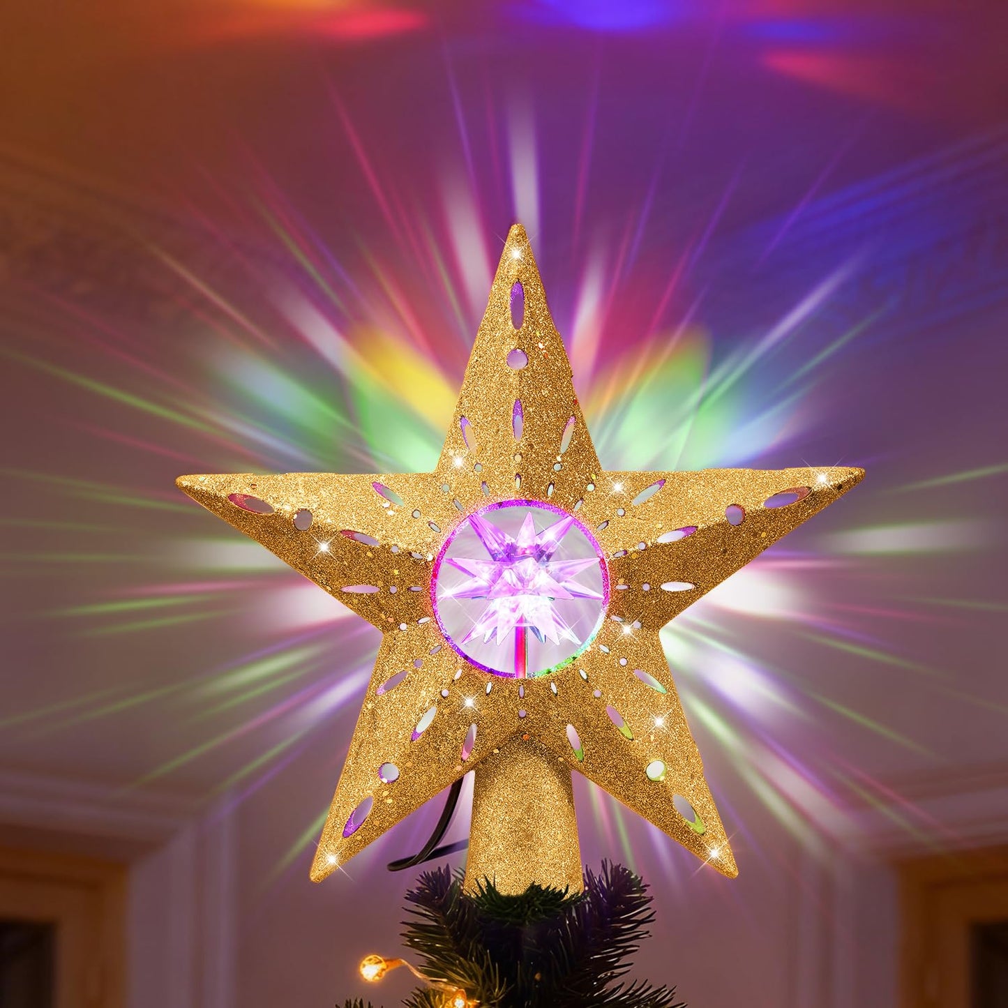Gold Rotating Christmas Tree Topper Star with RGB LED Lights, 3D Crystal Diamond Center, Spinning Projection, Glitter Design Tree Decor with Power Cord for Holiday, Party, Christmas Celebration