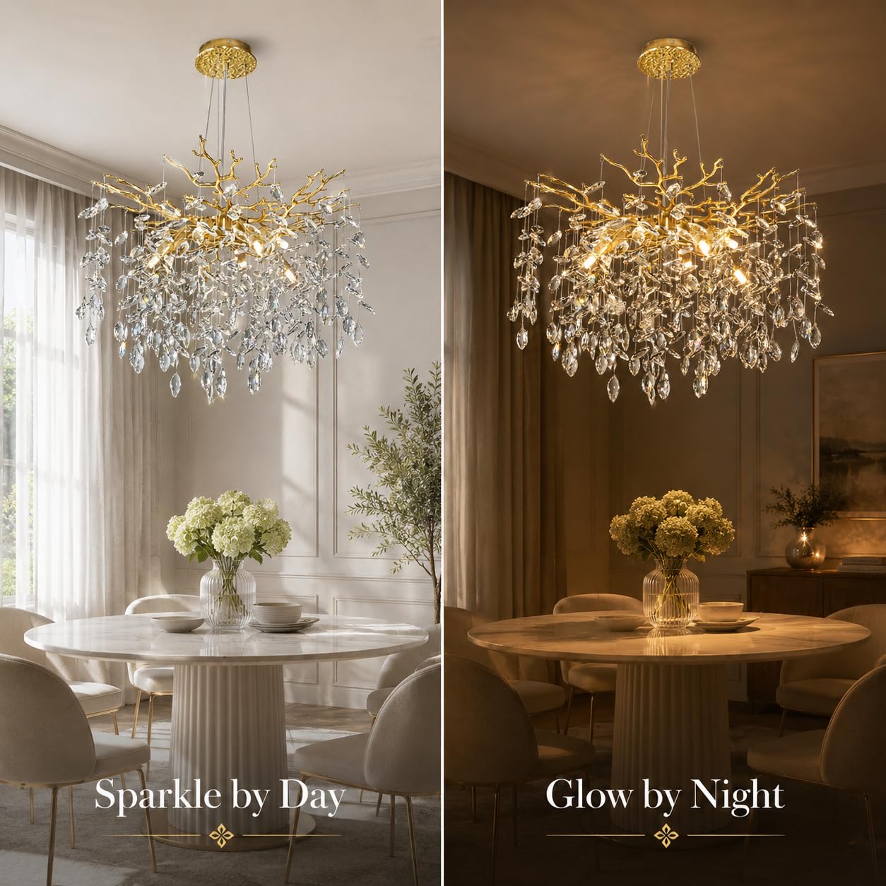 kvtinmty 24'' Modern Tree Branch Crystal Chandelier Luxury Gold K9 Crystal Chandelier 9-Light Crystals Pendant Chandeliers for Dining Room Living Room Bedroom Kitchen Entryway