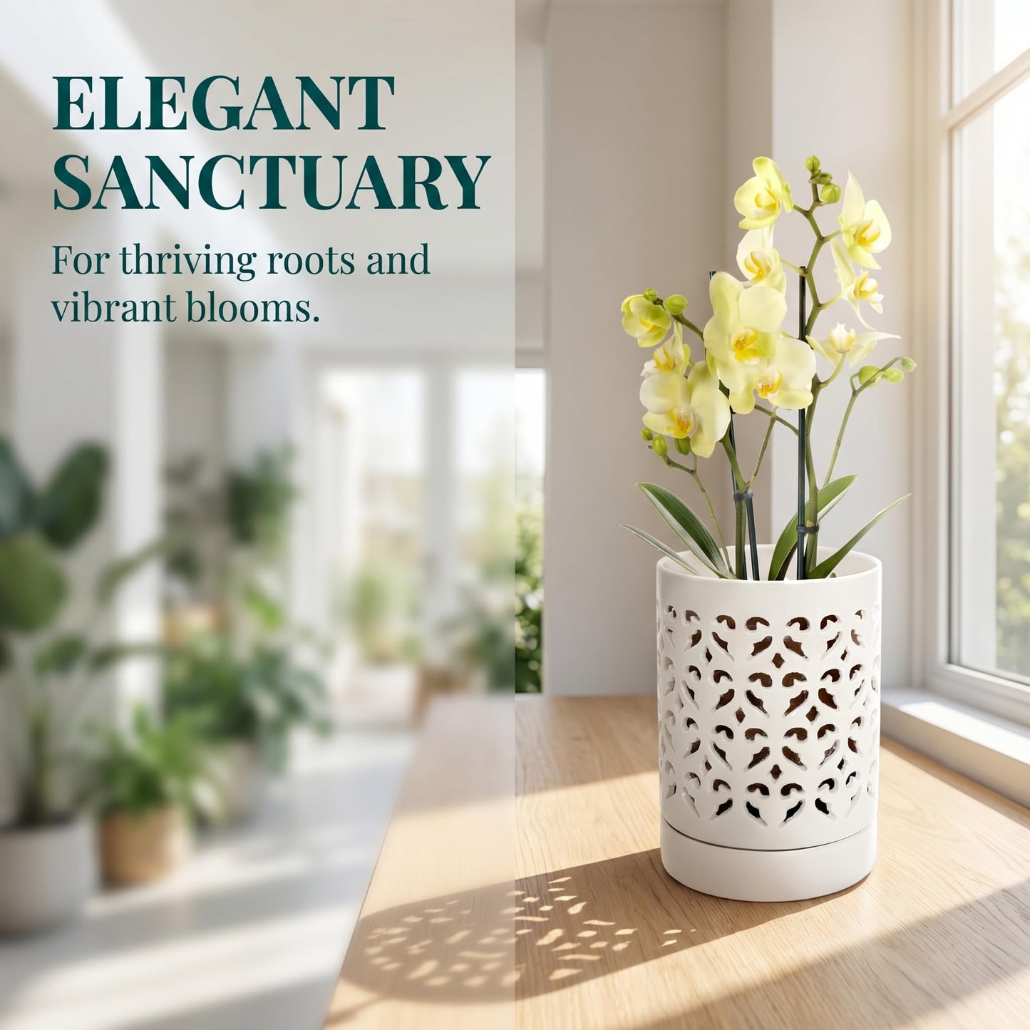 Jucoan 2 Pack Orchid Pots with Holes and Saucer, 4 Inch Ceramic Slotted Orchid Planter Pots for Repotting Indoor Outdoor Plant, Elegant Beige White and Green