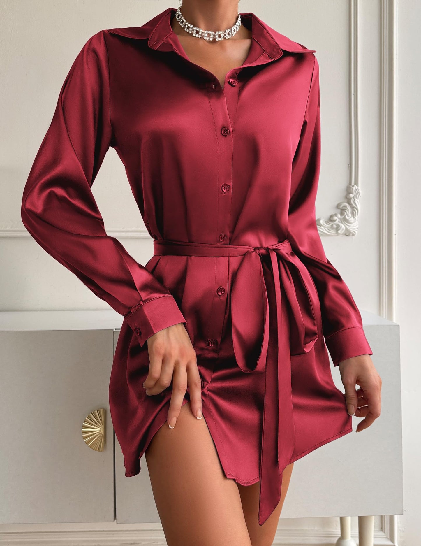 Zeagoo Christmas Red Dress Button Down V Neck Mini Elegant New Year Dress Wine Red L