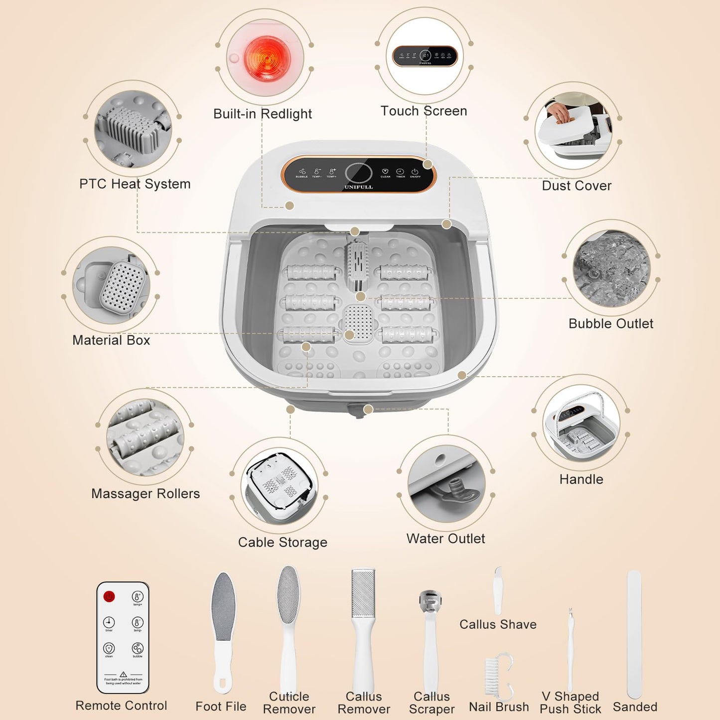 UNIFULL Collapsible Foot Spa Bath with Heat, Touch Screen, Remote Control, Massage Rollers, Timer, Bubble, Foot Pedicure Kit, Temperature Control Pedicure Foot Spa, Foot Bath