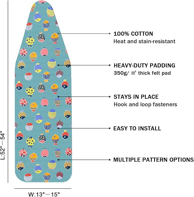 Ironing Board Cover and Pad Standard Size 15" x 54", 3 Pairs of Hook and Loop