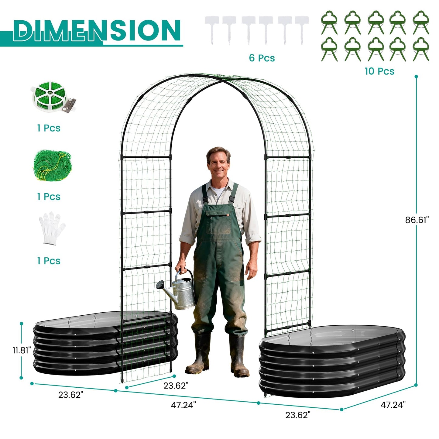 SUNYRISY Galvanized Raised Garden Bed with 87" H Arch Trellis for Climbing Plants Outdoor, Metal Planter Box with Netting for Gardening Flowers Vegetables Fruit Herb, Black