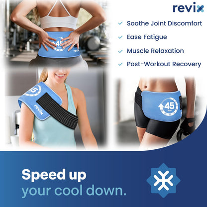 REVIX Ice Pack for Injuries Reusable (14 × 7") with Elastic Strap, 45-Minute Long-Lasting Gel Cold Pack for Knee, Shoulder, Back with Ice Grid Gel Design, Flexible Ice Wrap, Universal Use for Arm, Hip