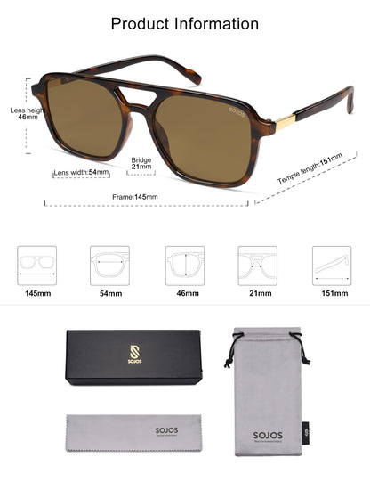 SOJOS Retro Aviator Sunglasses for Women Men,Trendy Rectangle Womens Mens Shades Sun Glasses SJ2202 Coffee Tortoise Frame Coffee Lens