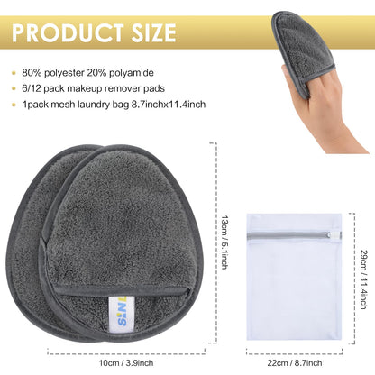 SINLAND 6 Pack Microfiber Makeup Remover Pads Reusable Makeup Eraser Washable Facial Cleansing Pads With Laundry Bag Dark Grey