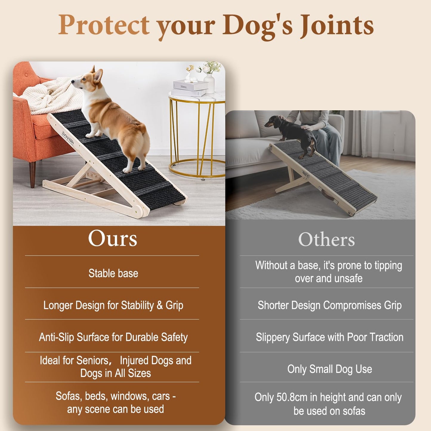 Dog Ramp for Bed - Foldable Small to Large Dog Ramp for Couch - 6 Adjustable Height from 30.5 to 61cm - Stairs with High Traction Mat - Wooden Portable Ramp for Dogs to Get on Bed Couch Car Up to 90kg