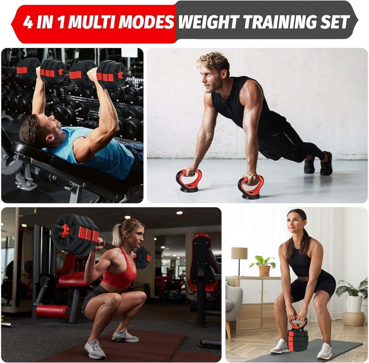 MERXENG Adjustable Dumbbell Set, 44/66/88Lbs 4-in-1 Free Weights for Home Gym, Converts to Kettlebell & Barbell with Connector, Non-Slip Grip, Ideal for Men & Women Strength Training