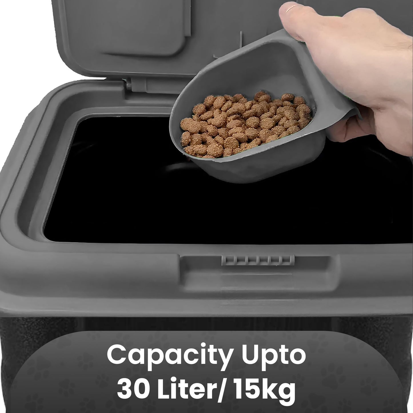 ASAB Pet Food Storage Container Large 30L/15kg Plastic Food Storage Container With Integrated Food Scoop and Flip Top Locking System Perfect for Dog Treats Dog Food and Kitten Food (Grey - Large)