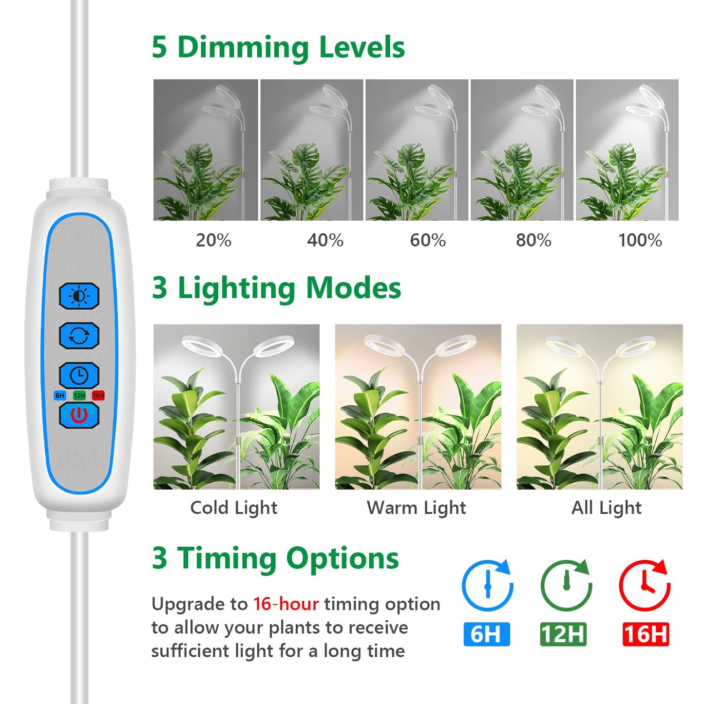 Aumtrly Large Plant Light for Indoor Plants, 2 Head Full Spectrum Grow Light with 68" Adjustable Stand for Growing Large Tall Plants, White Halo Floor LED Grow Lamp with 16 Hour Timer