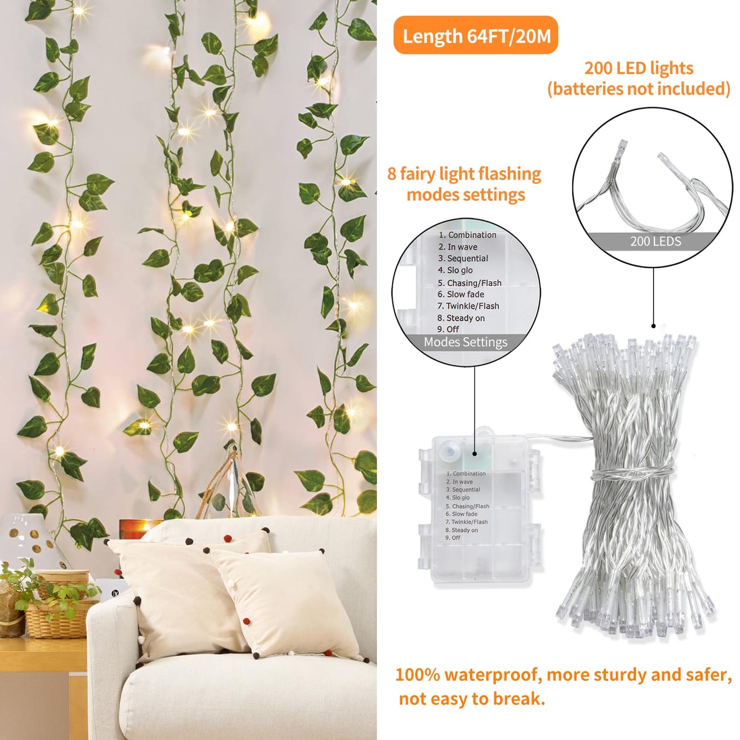 CEWOR 24 Pack 173ft Fake Ivy Vines, Artificial Ivy Garland with 200 LED String Lights, Hanging Plants Greenery Backdrop Green Leaves for Bedroom Room Wall Decor Wedding Party Table Decoration
