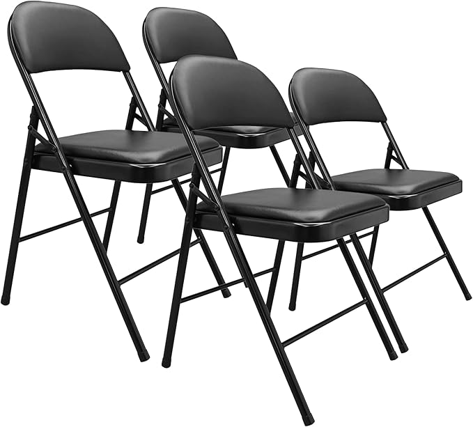 Amazon Basics Comfortable Vinyl-Padded Metal Steel Folding Chairs for Events, Easy to Fold and Store, Black, 4-Pack