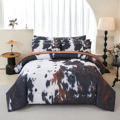 SUCSES Cow Print Comforter Sets Full Size 8 Pieces Brown Bedding Set Farmhourse Western Rustic Bed Set Black and White Bed in A Bag with Flat Fitted Sheet