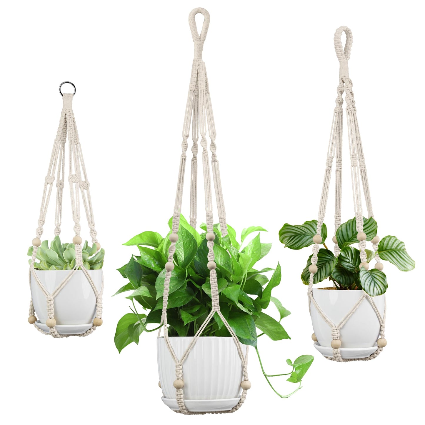 IDEEEPAN Macrame Plant Hanger - Fits 4 to 13 inches Pots for Indoor Outdoor, 35"/29"/23" Different Sizes Set, Ivory (POTS NOT Included)