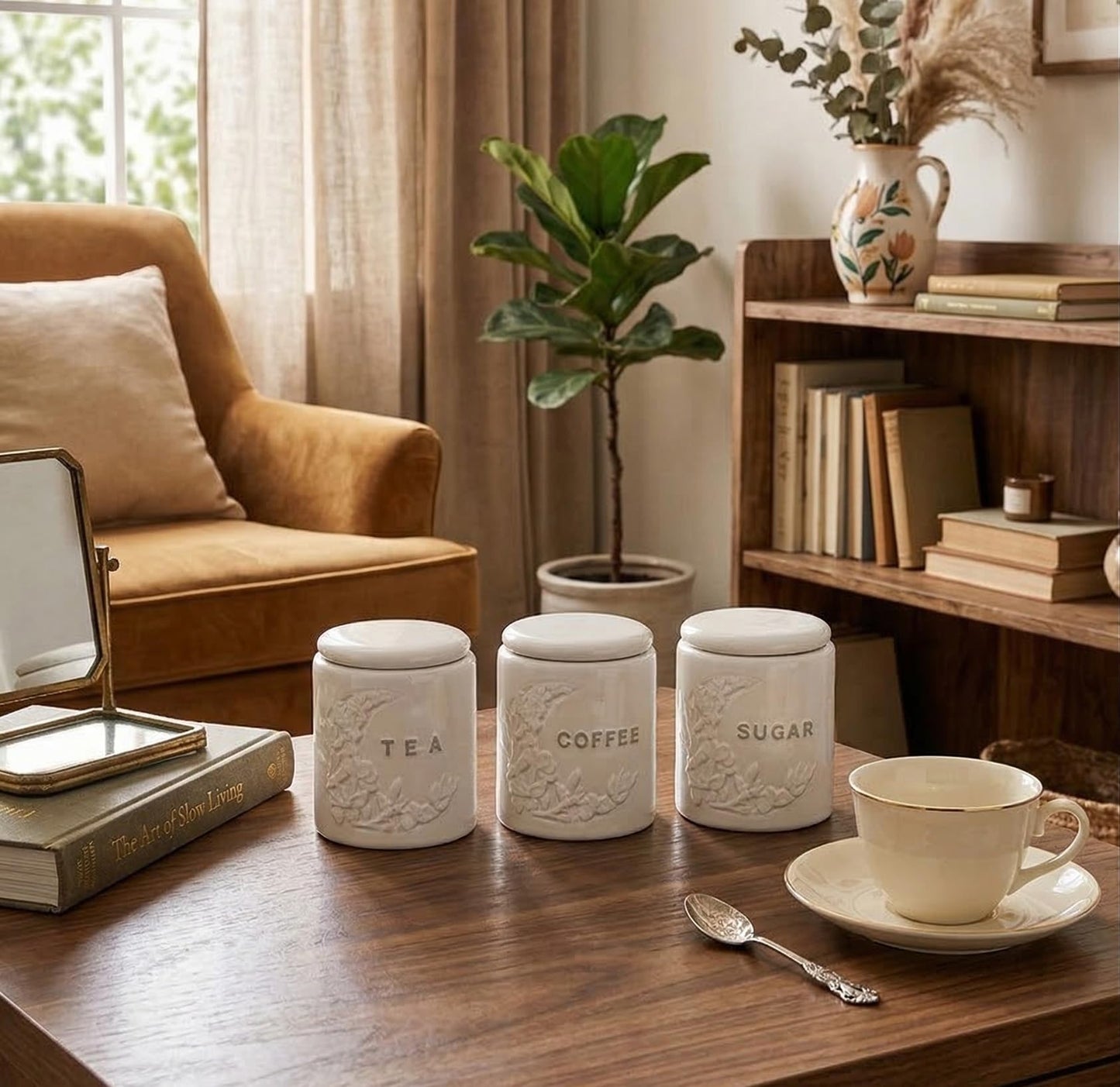 TAWCHES Wing Petal Ceramic Canisters Sets For The Kitchen Canisters For Countertop Set of 3 Airtight Coffee Canisters For Ground Coffee Sugar Container Tea Storage Jars With Lids