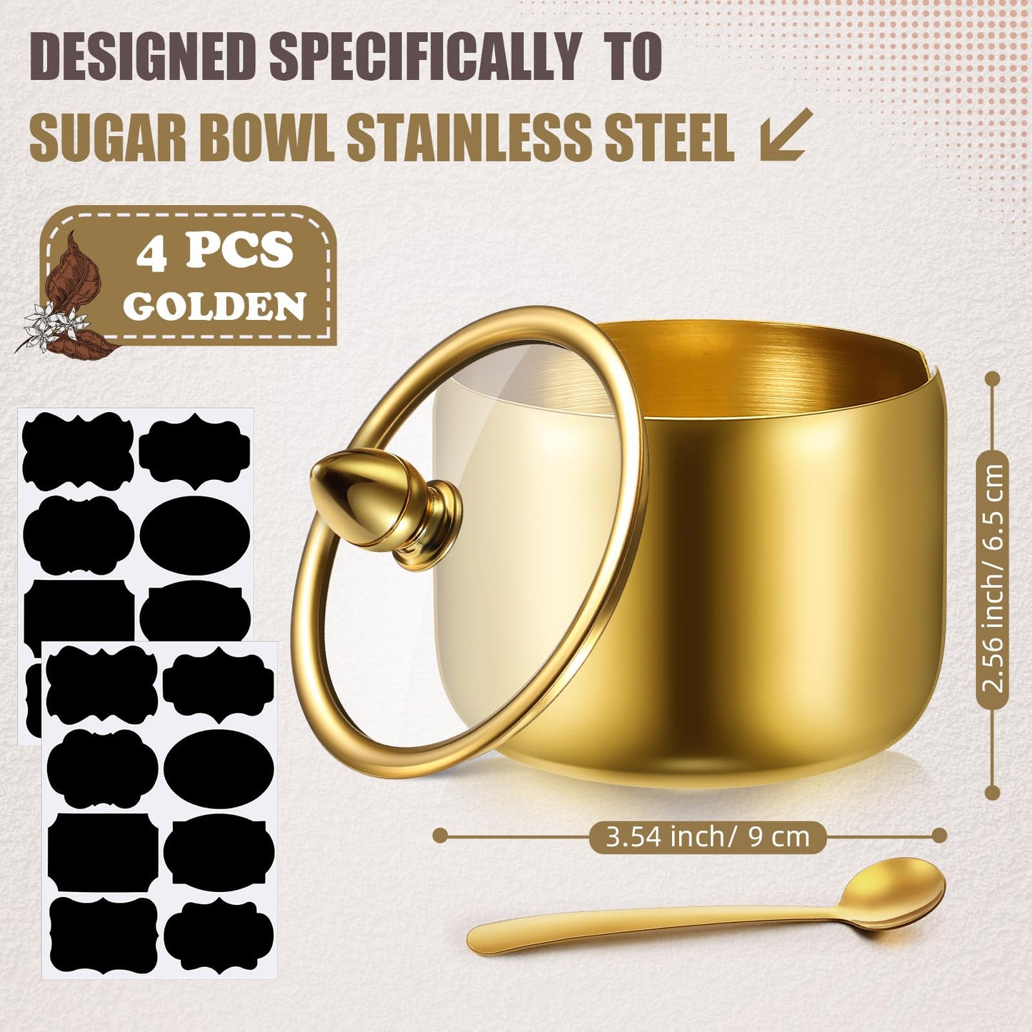 Baderke 4 Pcs 9.8 oz Stainless Steel Sugar Bowl Sugar Container Condiment Dispenser with Lid and Spoon with Tag for Spice Coffee Tea Pepper Herbs(Gold)