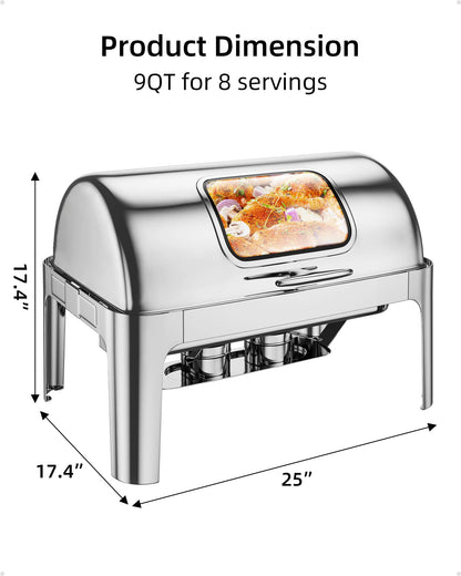 Garvee Rectangular Roll Top Chafing Dish Buffet Set, 9QT Stainless Steel Chafing Dish Set Equipped with 1 Full Size Pan, Catering Warmer Server with Visible Lid Water Pan Stand Fuel Holder Clip
