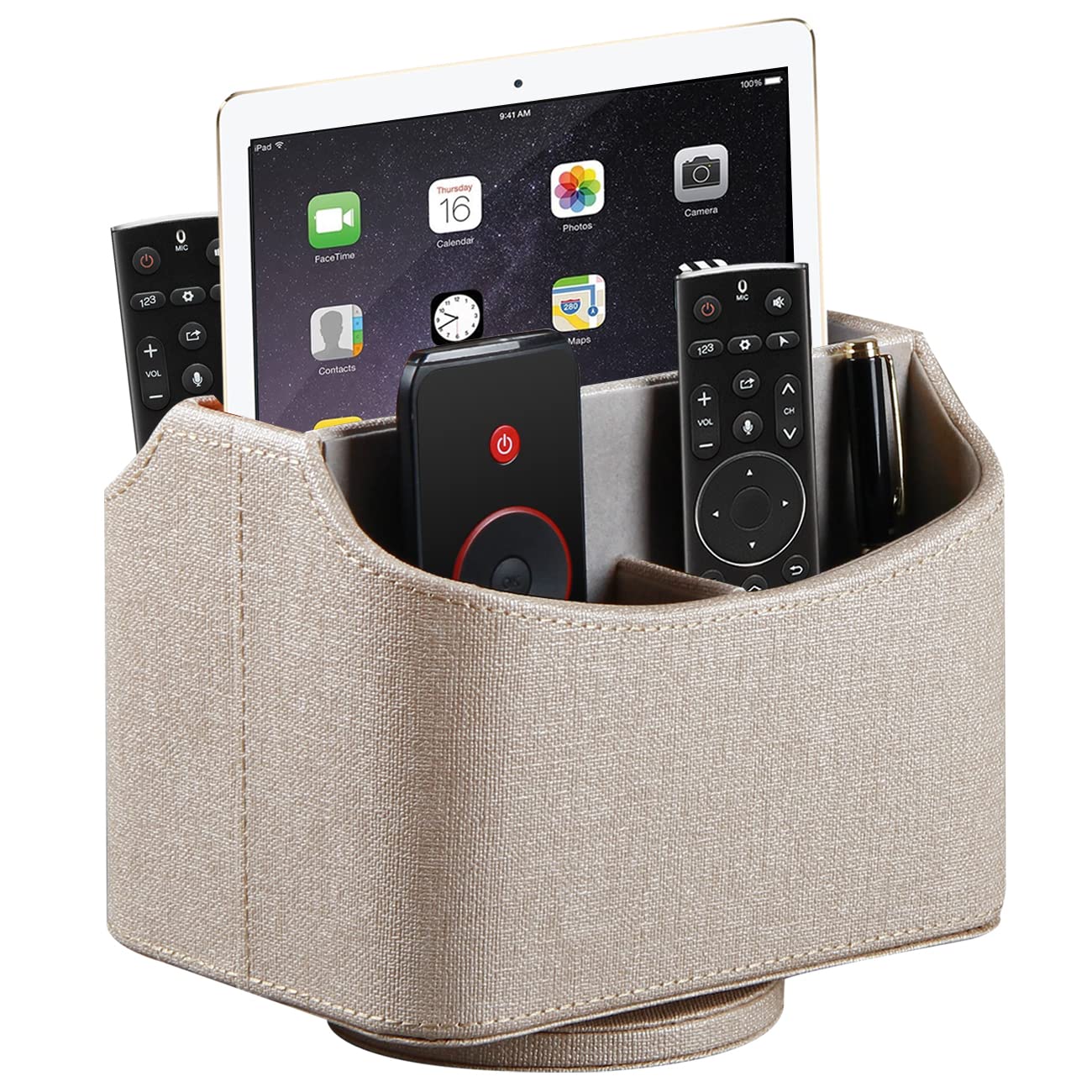 Remote Control Holder, Swivel Desk Organizer and Decorations for Living Room, Bedside Table Organizer Remotes Caddy for TV Controllers/ Stationery/ Art Supplies/ Pen, PU Leather Room Decor Aesthtic