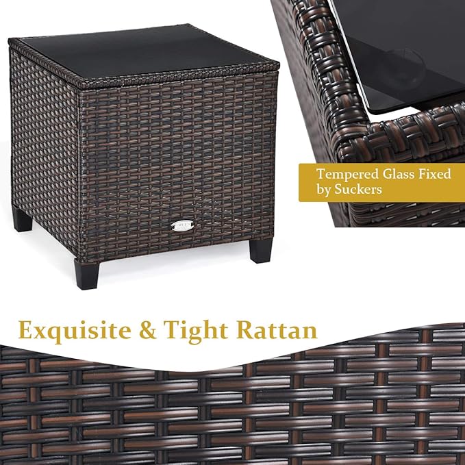 COSTWAY 3PCS Patio Furniture Set, PE Rattan Wicker Sofa w/Washable Cushion and