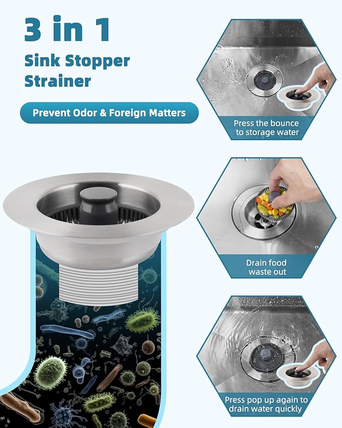 Universal Kitchen Sink Drain Strainer, 3 in 1 Stainless Steel Pop Up Kitchen