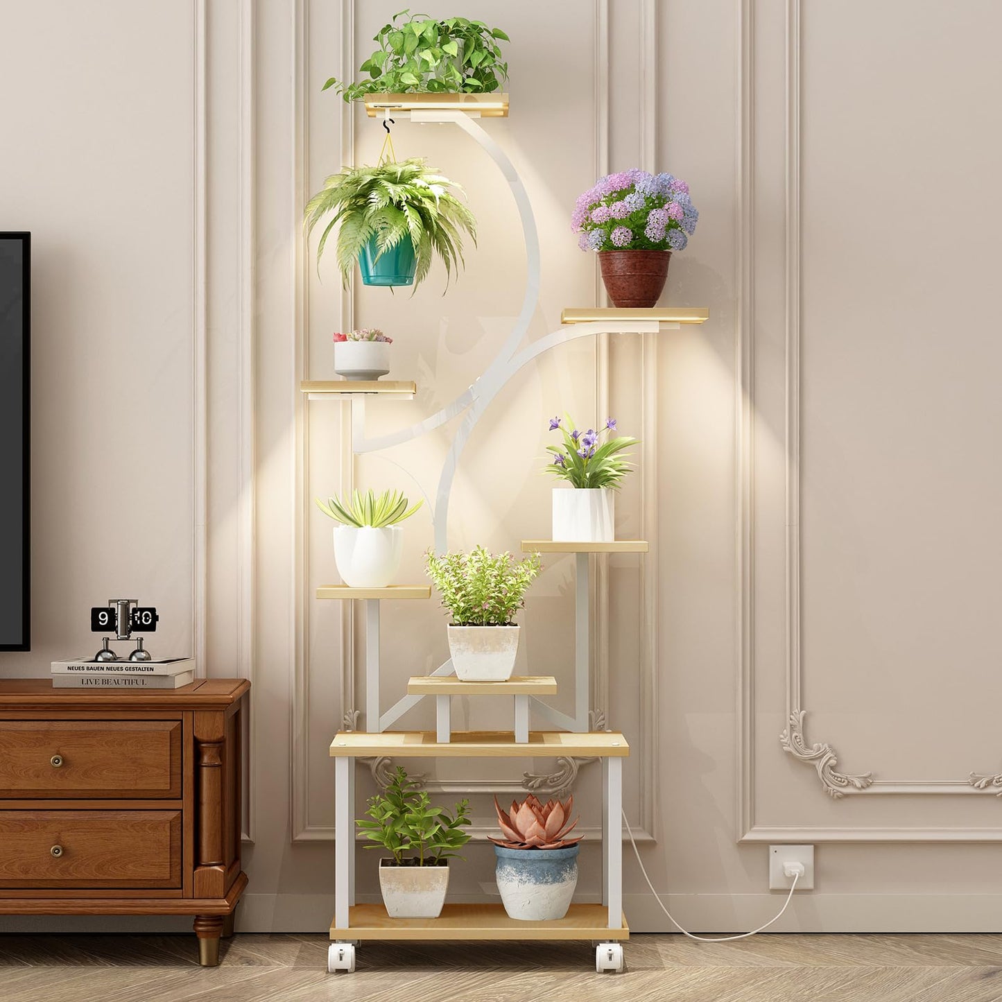 AJLDN Plant Stands Shelf Indoor with Grow Lights - 62in Tall 8 Tiered Plant Holder, S-Shaped Corner Shelf for Living Room, Large Flower Stand for Indoor Plants,Natural