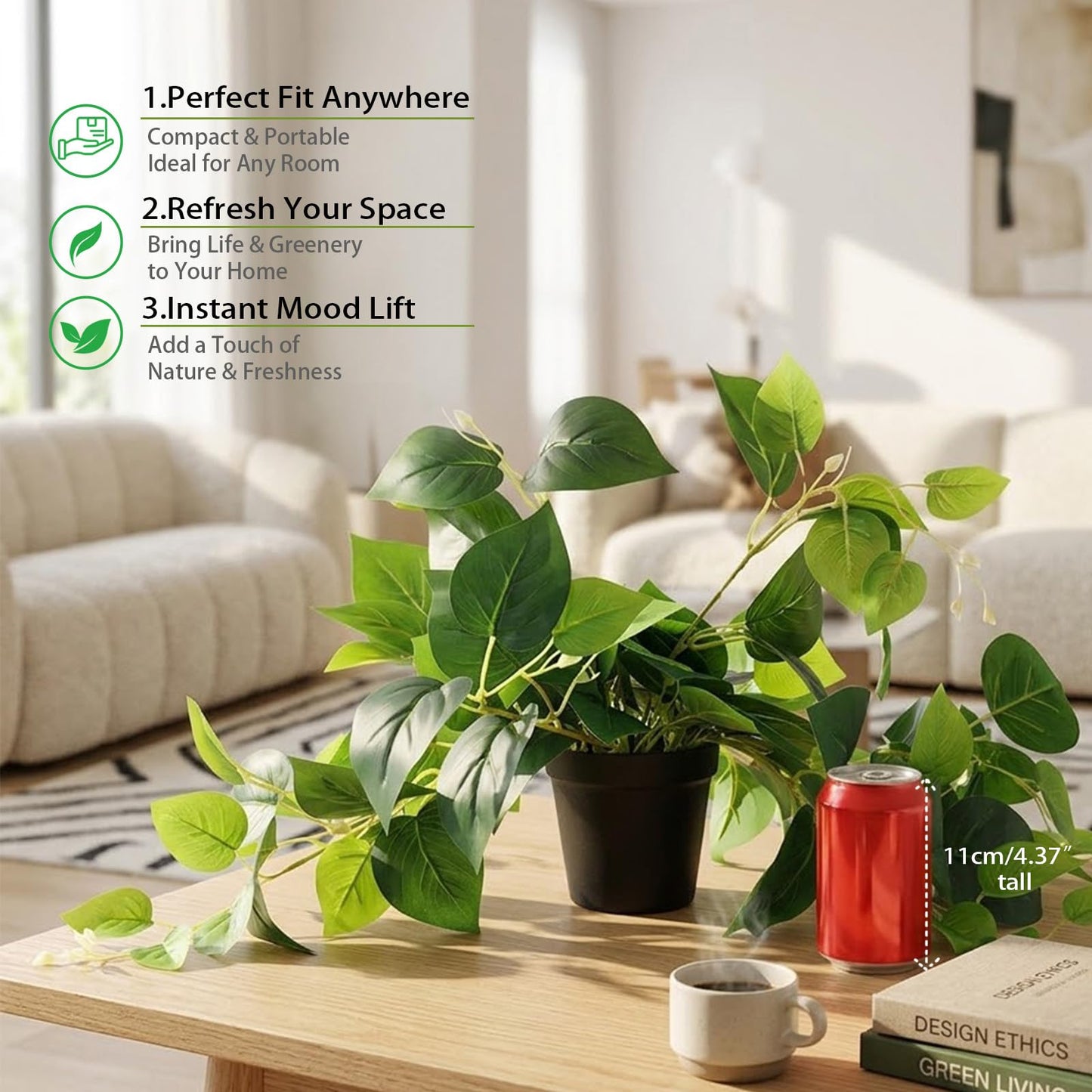Tiita 1 Pack Fake Plants Artificial Scindapsus Aureus in Pots, Realistic Fake Greenery Potted Plants for Home Office Desk Window Sill Bathroom Bedroom Outdoor Indoor
