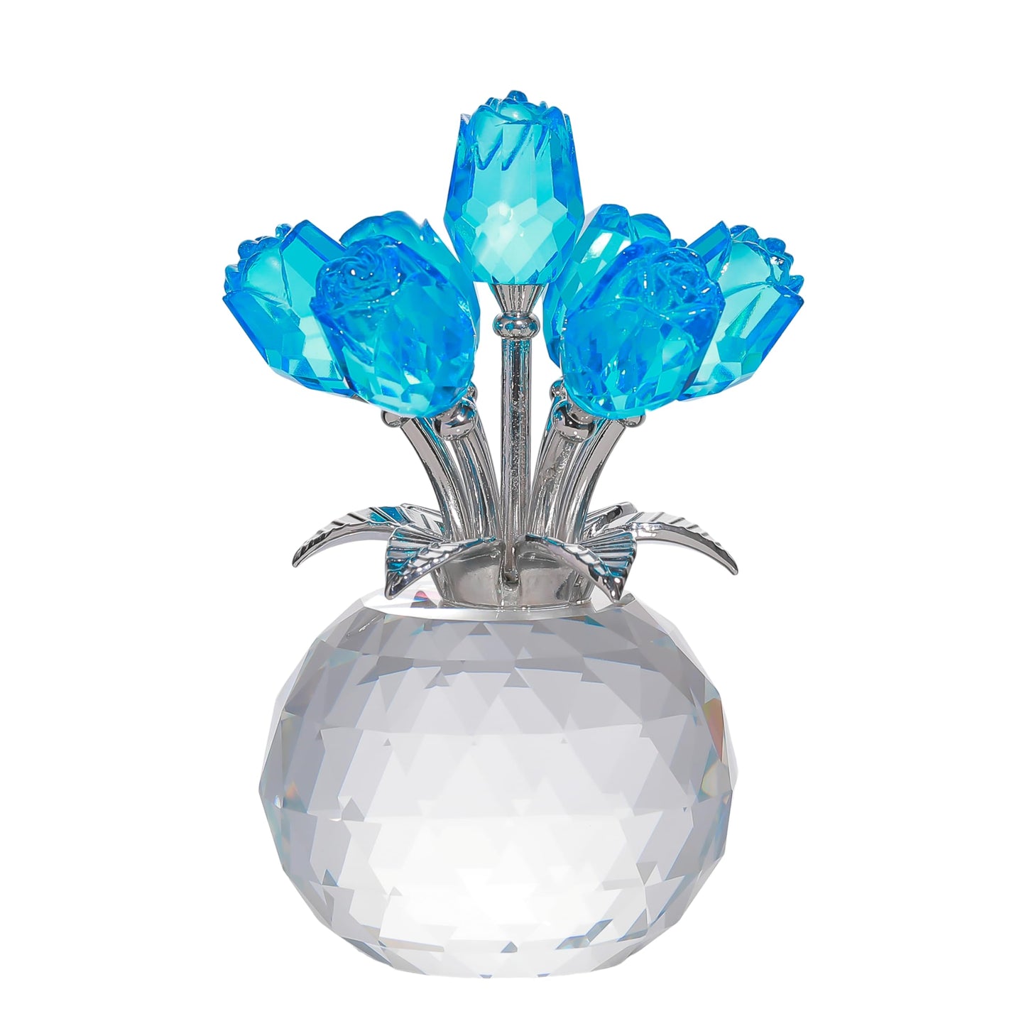 Lake Blue Rose Crystal Figurine with Vase, Bouquet Flowers Ornament Gifts for Wife, Girlfriend, Women - Handmade Crystal Flower Collectible Home Table Decor for Valentine Day, Wedding Anniversary