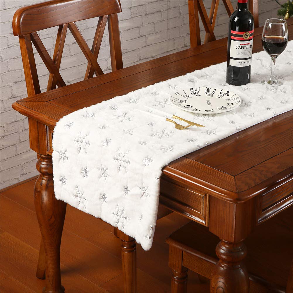 Faux Fur Christmas Table Runner with Silver Sequin Snowflakes, White Super Soft Thick Luxury Table Decoration for Holiday Xmas,15x70 Inch